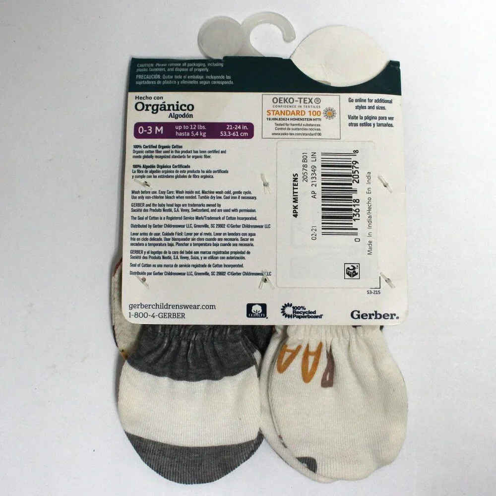 New 4 Pack Gerber Baby 0 - 3 Months Mittens Made With 100% Organic Cotton